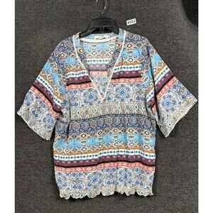 Love 83 Peasant Blouse Womens Size 1X Multicolor Short Sleeve V-Neck Bohemian